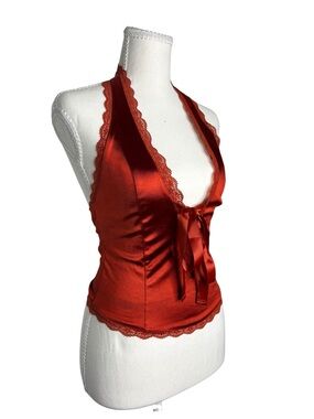 Satin Halter Lace-Trim Camisole - Red